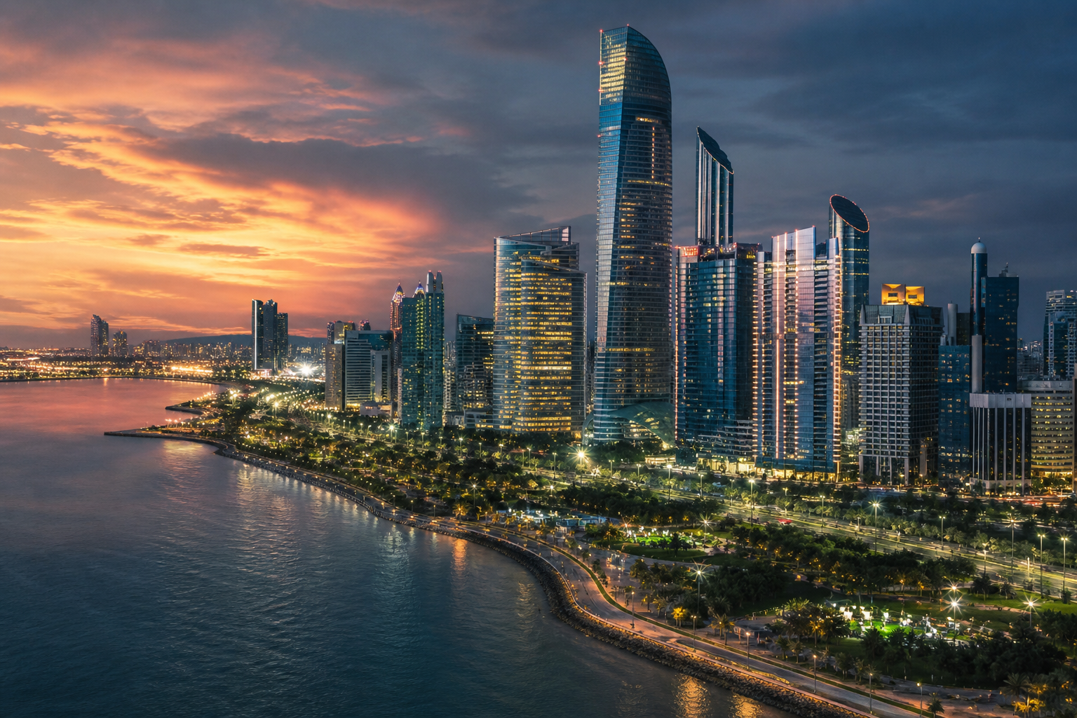 Abu Dhabi skyline at dusk