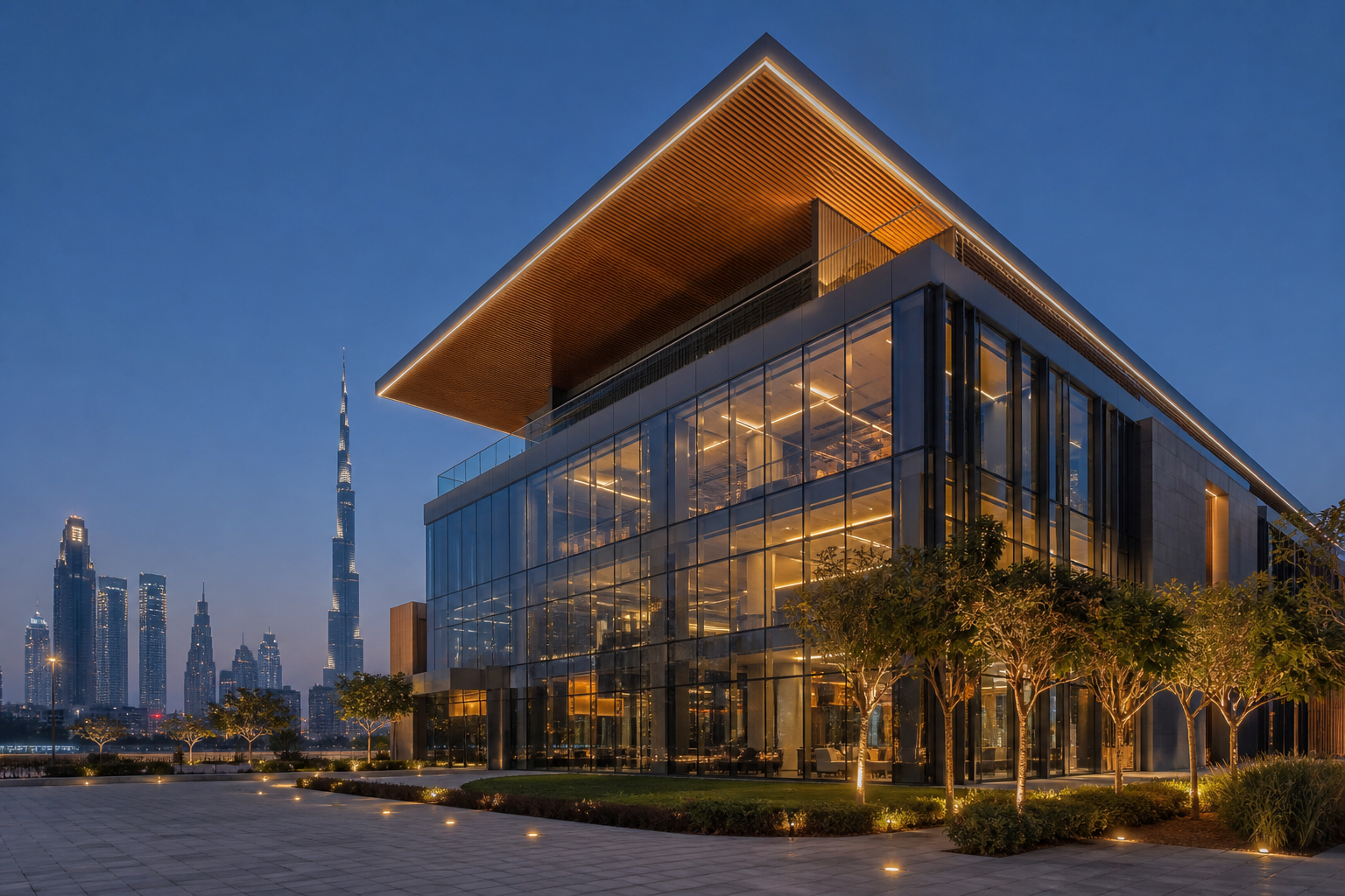 Smart commercial building at dusk